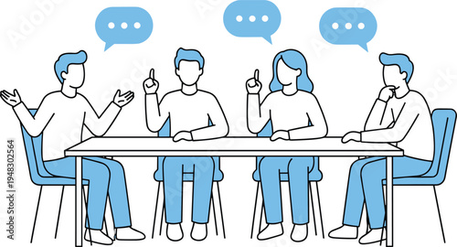 Vector illustration of professionals in discussion around table with speech bubbles representing teamwork, brainstorming, and collaborative communication