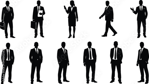 Businessman and Businesswoman Silhouette Set Vector, Professional Corporate Managers in Suits Walking, Standing, and Holding Briefcase for Office Work Concept