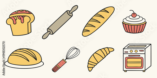 a collection of baking items and pastries Vector