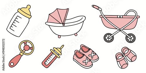 a set of baby items including a stroller and toys Vector