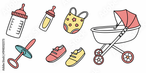 a collection of baby items including a stroller and toys Vector