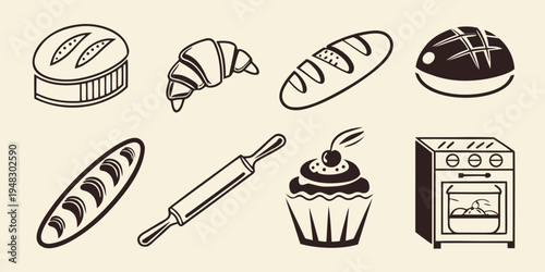 a collection of baked goods and baking tools Vector