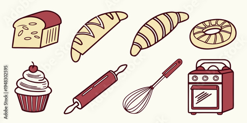 a collection of baking tools and pastries Vector