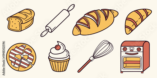 a collection of baking icons including pastries and tools Vector