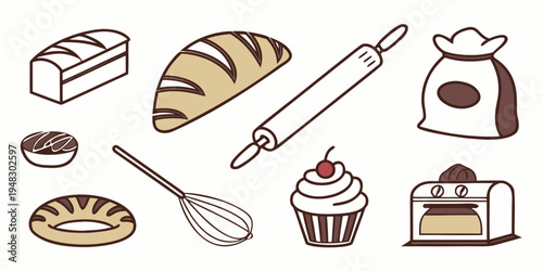 a collection of baking related items and desserts Vector