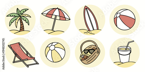 a set of eight beach icons including a palm tree and beach chair Vector