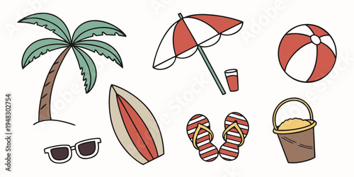 a collection of beach vacation items Vector