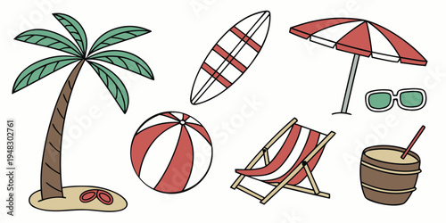 a collection of beach vacation items Vector