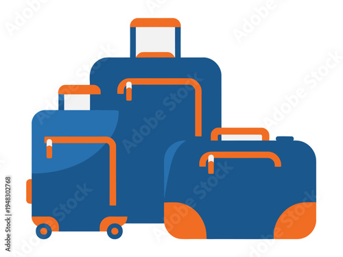 Three assorted blue and orange rolling suitcases stand ready for vacation.