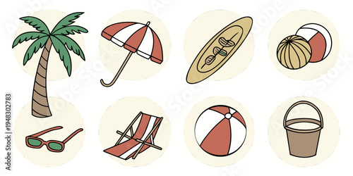 a set of beach icons including palm tree and beach ball Vector