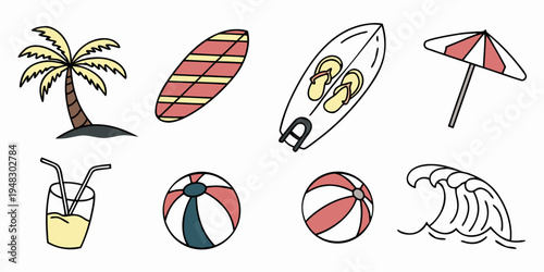 a collection of beach icons including palm tree and summer toys Vector