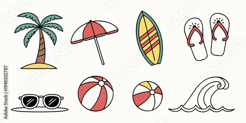 a collection of beach icons and accessories Vector