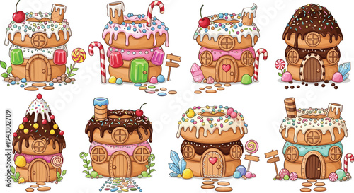 Cute Candy Gingerbread Houses Vector Illustration Set with Sweet Dessert Cottage, Chocolate Roof, Sprinkles, Candy Cane and Fairy Tale Candyland Homes