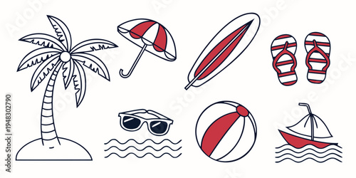 a collection of beach icons including a palm tree and beach ball Vector