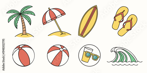 a collection of beach icons including palm tree and beach items Vector