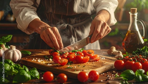 Preparing Fresh Tomatoes for Cooking Cutting Vegetables on a Cutting Board in a Rustic Kitchen Setting.