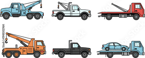 Vector illustration of tow trucks and pickup trucks in different styles and configurations