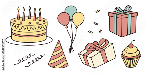 a collection of birthday party items and treats Vector