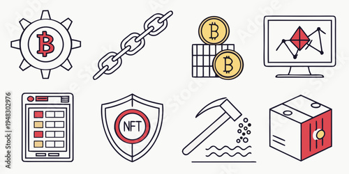 a collection of cryptocurrency and mining related icons Vector