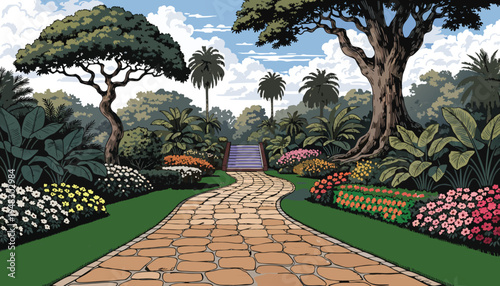 A vibrant illustration of a stone pathway leading to stairs in a lush and colorful tropical garden