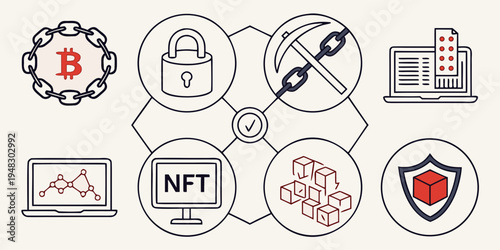 a collection of icons representing blockchain and cybersecurity concepts Vector