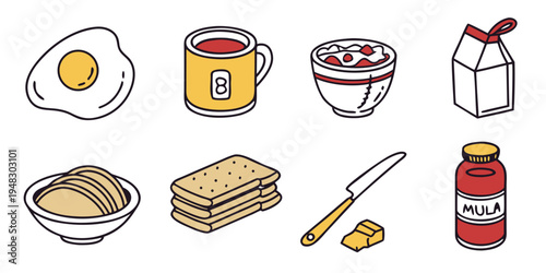 a collection of breakfast foods and ingredients Vector
