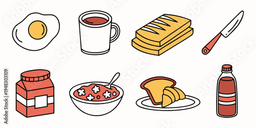 a collection of breakfast foods and drinks Vector