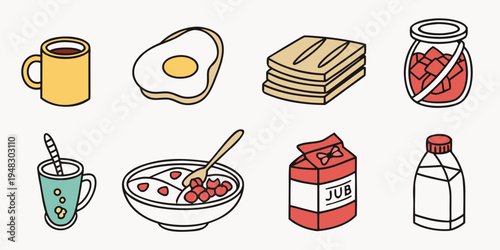 breakfast foods and drinks on a table Vector