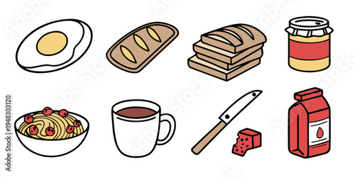 a collection of breakfast foods and drink Vector