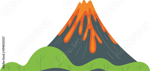 Erupting volcano vector illustration, featuring hot orange lava flow and green hills for mountain design