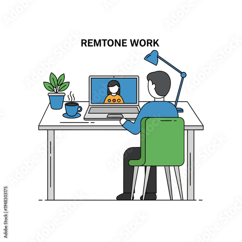 Digital illustration showcasing effective online collaboration and remote productivity, with a person engaged in a virtual video conference meeting from a home office