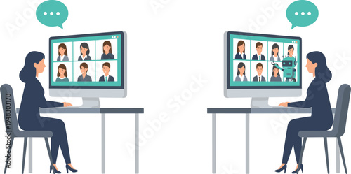 Vector illustration of virtual meeting with human and AI participants