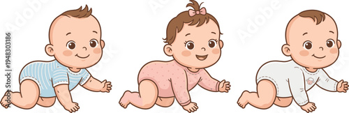 Cute crawling baby cartoon set, adorable infants crawling smiling toddler characters isolated kids nursery vector illustration collection