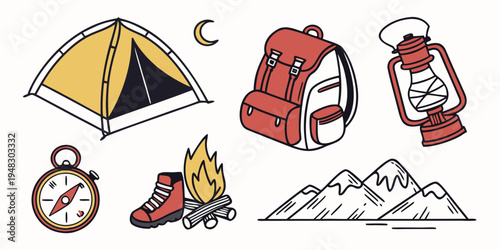 a collection of outdoor gear and camping equipment Vector