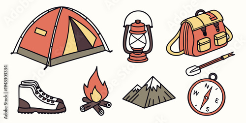 a collection of camping gear and outdoor equipment Vector