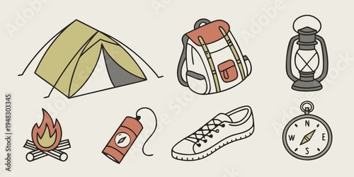 a collection of camping gear and accessories Vector