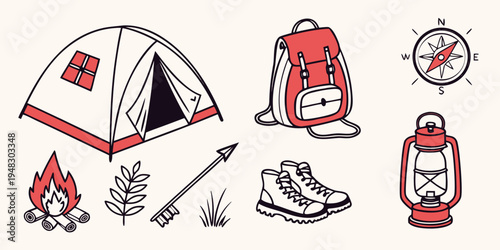 a collection of camping gear and outdoor equipment Vector
