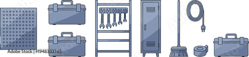 Vector illustration of workshop tools including toolbox, wrenches, pegboard, locker, broom, tape, and extension cord
