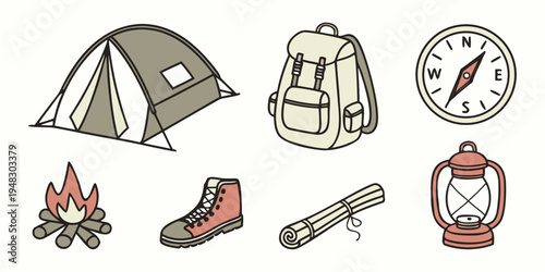camping gear and equipment for outdoor adventure Vector