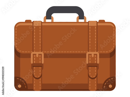 Brown leather briefcase featuring two front buckle straps and a sturdy top handle.