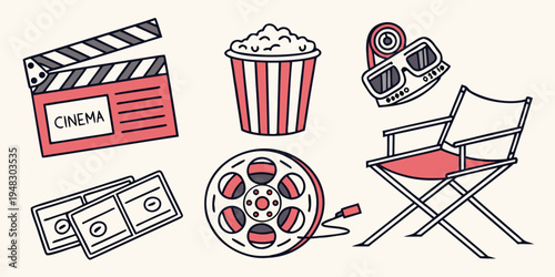 film production icons including clapperboard popcorn and director chair Vector