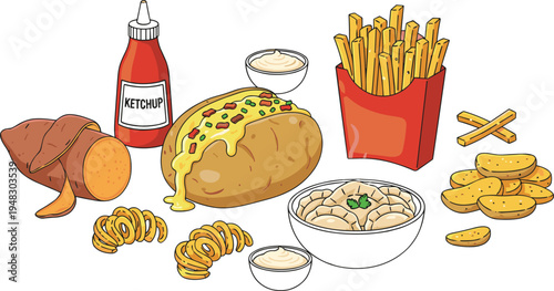 Cartoon whimsical treehouse designs with balcony, ladder, rope swing, staircase, and tropical foliage elements