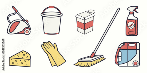various cleaning supplies and tools on a white background Vector