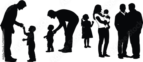 Happy Family Silhouette Vector Set, Parents with Children, Father Playing with Son, Mother Holding Baby, and Diverse People Together Collection