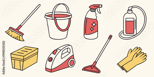 a collection of cleaning supplies and tools Vector