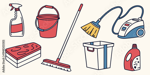 a collection of cleaning supplies and tools Vector