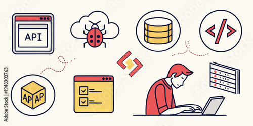man developing software with api and database Vector