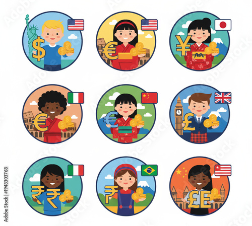 Diverse collection of cartoon illustrations depicting children from different countries holding currency symbols and coins