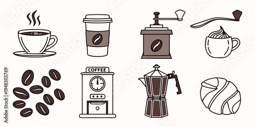 a collection of coffee related items and beans Vector