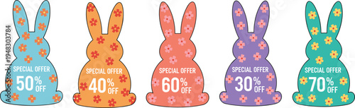 Cartoon bunny special offer discount collection with floral patterns and colorful promotional design
